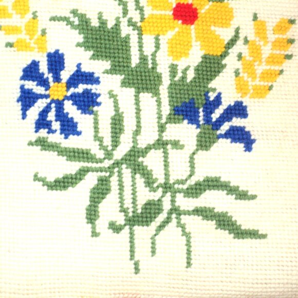 Needlepoint Picture Red, Blue & Yellow Flowers 12.25" High x 9" Wide Vintage - Picture 3 of 3